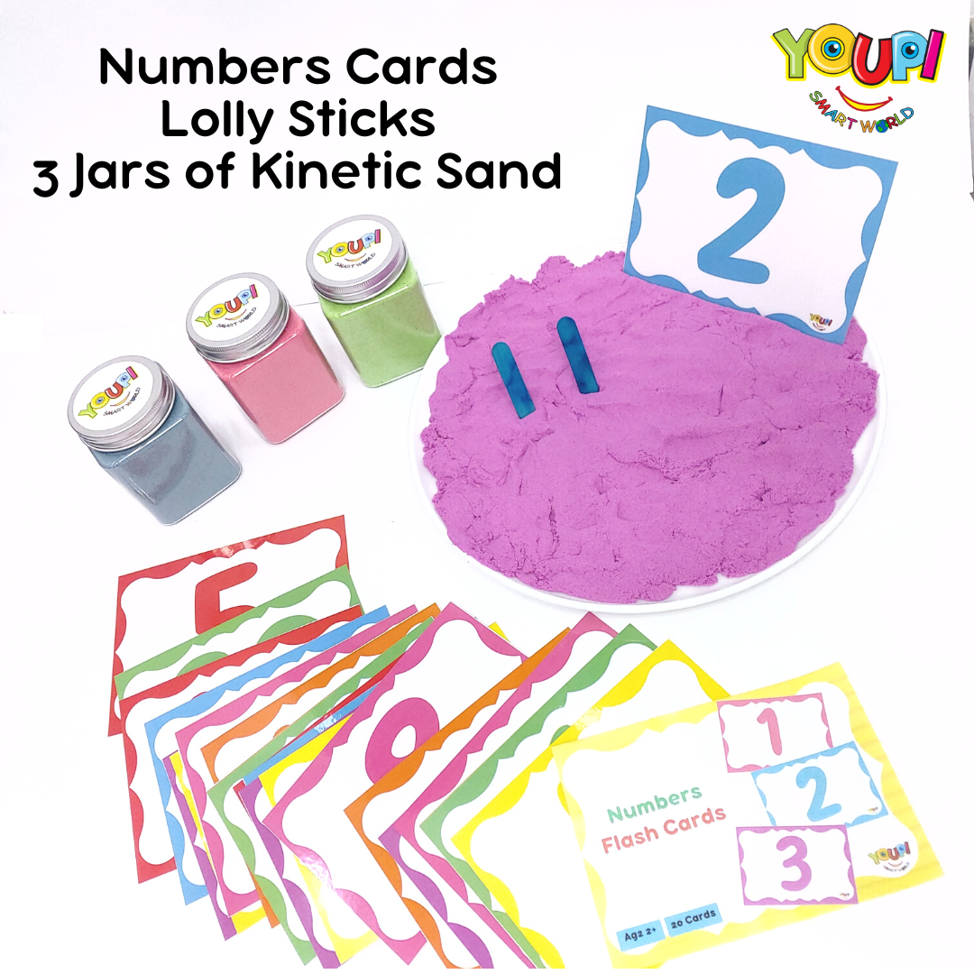 Numbers Cards + Lolly Sticks + 3 Jars Kinetic Sand
